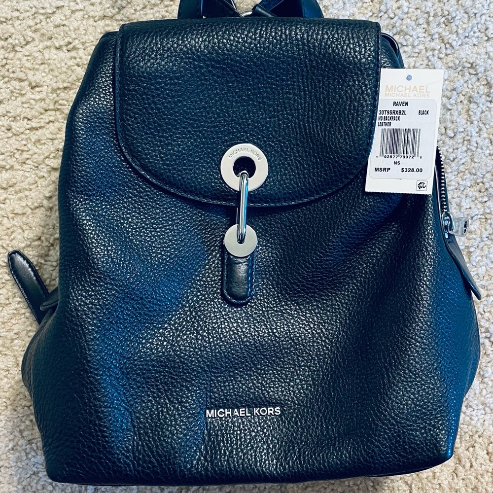NWT Michael Kors Raven pebbled black leather backpack